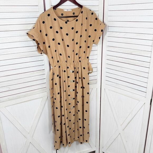 Mango Polka Dot Belted Fit Flare Midi Dress Tan Black Small 4 - Picture 9 of 13